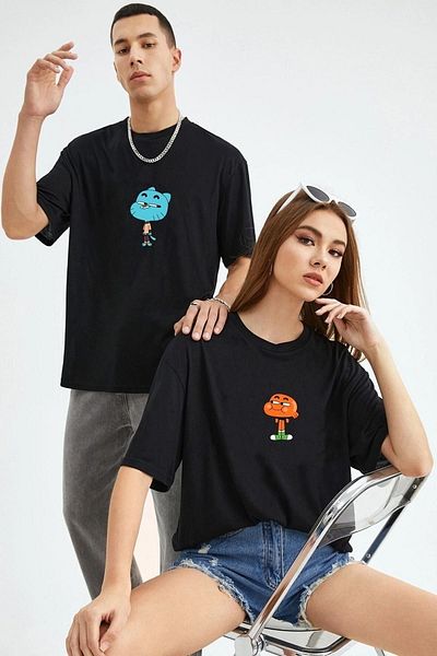 Mythologie Gumball T-Shirt Διπλό Ζευγάρι Lover Συνδυασμός 2 τεμαχίων - Μαύρο, εμπριμέ, Oversize, Crew Neck