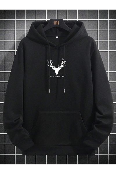 MODARİCH Geyik Logo Sweatshirt - Black Printed Oversize Ribbon Hoodie