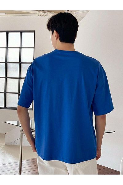 Mythologie Μπλουζάκι της εταιρείας Brooklyn - Sax Blue Printed Oversize Crew Neck με κοντό μανίκι