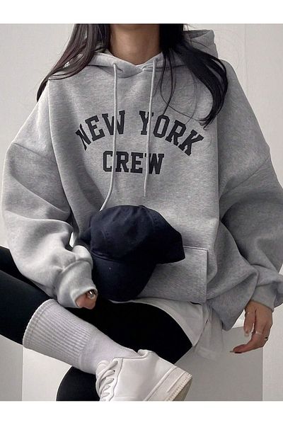 MODARİCH Суитшърт New York Crew - сива качулка с голяма панделка с принт