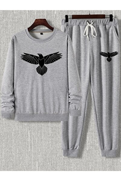 MODARİCH Gray Eagle Jogger Sweatshirt Bottom Top Tracksuit Set Oversize Printed Crew Neck