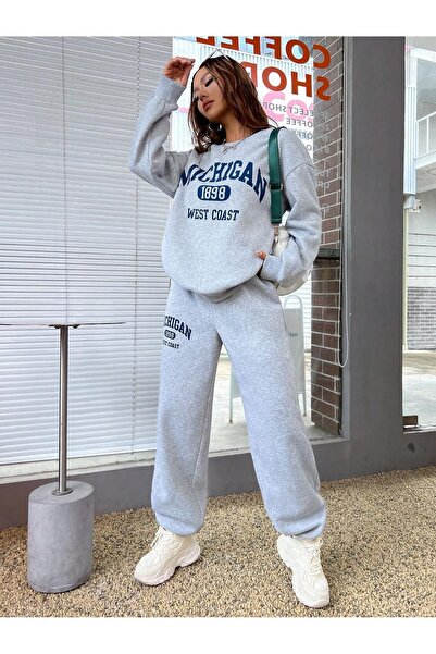 MODARİCH Michigan 1898 Sweatshirt Tracksuit Bottoms Jogger - Gray Printed Bottom Top Tracksuit Set Crew Neck