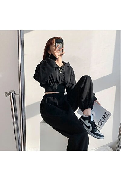 Mythologie Unprinted Basic Plain Sweatpants Jogger - Black Elastic Leg High Waist