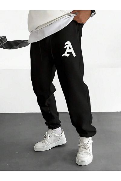 Mythologie A Logo Sweatpants Jogger - Μαύρο εμπριμέ λαστιχένιο πόδι ψηλόμεσο χειμώνα