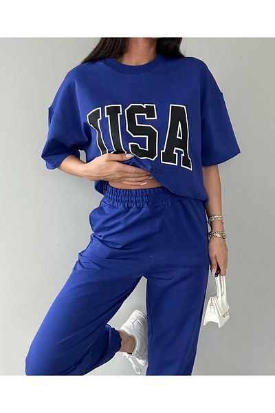 Mythologie Usa T-shirt Sweatpants Jogger - Σετ φόρμας με μπλε στάμπα Sax Oversize Crew Neck