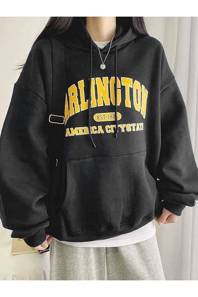 MODARİCH Φούτερ Arlington - Μαύρο εμπριμέ Oversize Ribbed Hoodie