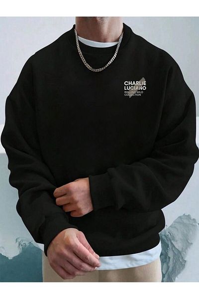 MODARİCH Hanorac de iarnă cu design Charlie Luciano - Decolteu supradimensionat cu imprimeu negru