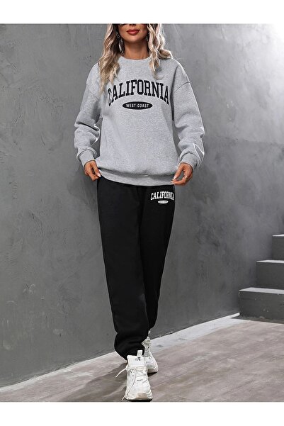 MODARİCH California W.C Gray Sweatshirt Black Jogger - Bottom Top Tracksuit Set Oversize Crew Neck