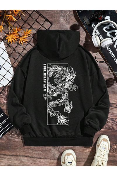 MODARİCH Φούτερ Adventures Dragon - Μαύρο εμπριμέ κουκούλα με κορδέλα