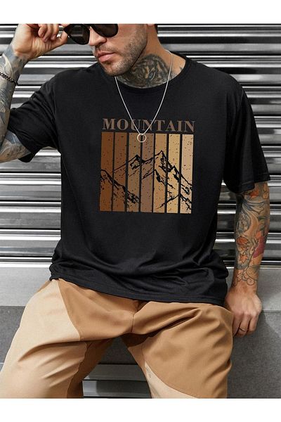 Mythologie Μπλουζάκι Mountain - Μαύρο, εμπριμέ, Oversize, Crew Neck, Κοντό μανίκι
