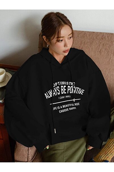 MODARİCH Hanorac Always Be Poistive - Glugă supradimensionată cu imprimeu negru