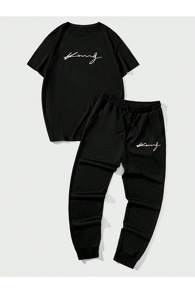 Mythologie King Sweatpants and T-shirt - Μαύρο Jogger T-Shirt Bottom Top Σετ φόρμας Oversize Crew Neck
