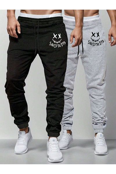 Mythologie 2 Pack Smile To Life Sweatpants Jogger - Μαύρο και γκρι εμπριμέ λαστιχένιο πόδι ψηλόμεσο καλοκαίρι