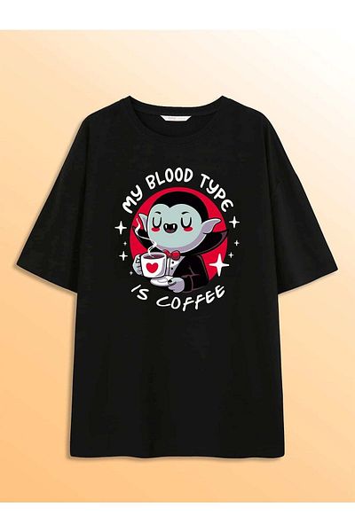 Mythologie Μπλουζάκι Blood Coffee - Μαύρο, εμπριμέ, Oversize, Crew Neck, Κοντό μανίκι