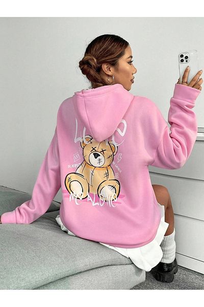 MODARİCH Love Bear Χειμωνιάτικο Φούτερ - Πούδρα ροζ με στάμπα Oversize Shawl Hooded
