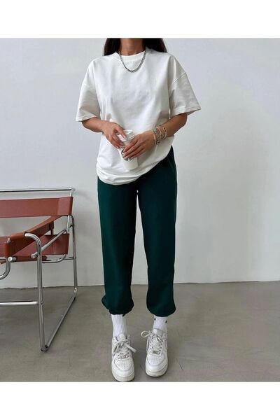 Mythologie Basic Solid T-shirt Sweatpants Jogger - White Nefti Green Sweatpants Set Oversize Crew Neck