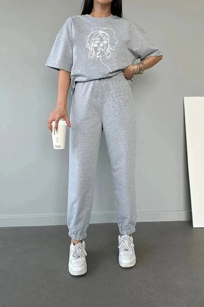 Mythologie Stripe Face T-shirt Sweatpants Jogger - Σετ φόρμας με γκρι στάμπα Oversize Crew Neck