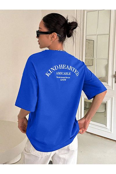 Mythologie Μπλουζάκι Kind Hearted Amicable - Sax Blue Printed Oversize Crew Neck Κοντό μανίκι