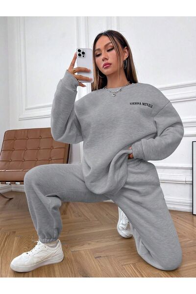 MODARİCH Sierra Nevada Sweatshirt Eşofman Altı Jogger - Gri Baskılı Alt Üst Eşofman Takımı Bisiklet Yaka