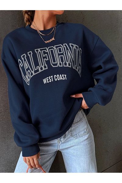MODARİCH Φούτερ California West Coast - Μπλε Navy printed Oversize Ribbed Crew Neck