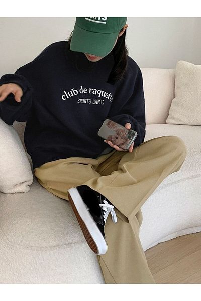 MODARİCH Φούτερ Club De Raquette - Μπλε Navy Printed Oversize Ribbed Crew Neck