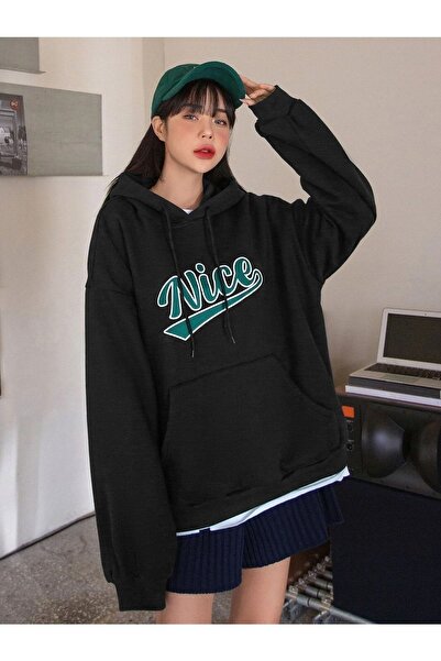 MODARİCH Nice Sweatshirt - Black Printed Oversize Ribbon Hoodie