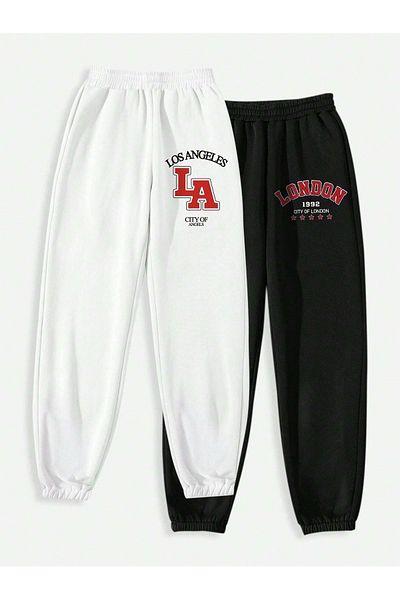 Mythologie 2 Πακέτο La London Printed Jogger Sweatpants - Λευκό μαύρο λαστιχένιο πόδι ψηλόμεσο καλοκαίρι