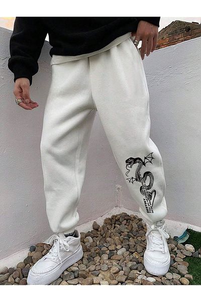 Mythologie Destiny Dragon Sweatpants Jogger - Λευκό εμπριμέ λαστιχένιο πόδι ψηλόμεσο χειμώνα