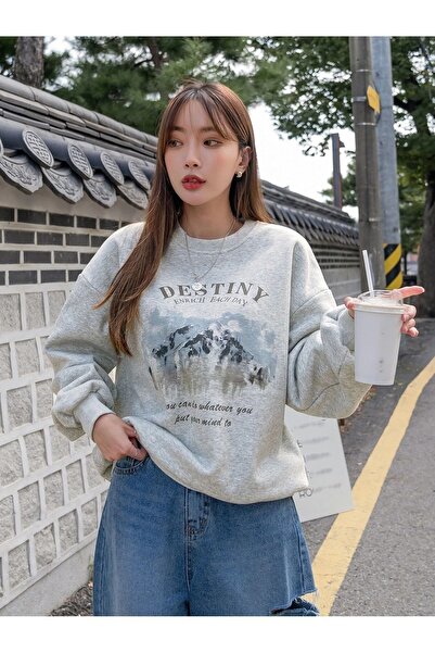 MODARİCH Destiny Enrich Sweatshirt - Gray Printed Oversize Ruffled Crew Neck