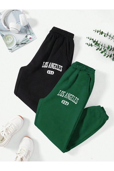 Mythologie 2-Piece Los Angeles USA Sweatpants Jogger - Black Nefti Green Printed Rubber Leg High Waist Summer
