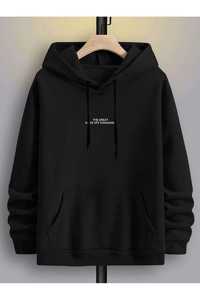 MODARİCH Kanagawa Wave Sweatshirt - Black Printed Oversize Ribbon Hoodie
