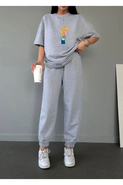 Mythologie Cedric T-shirt Sweatpants Jogger - Σετ φόρμας με γκρι στάμπα Oversize Crew Neck
