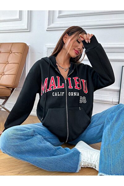 MODARİCH Malibu Kalifornija 98 Kardigan Džemper - Crni Štampano Zima Oversize...