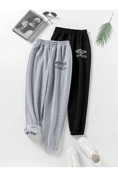 Mythologie 2 Πακέτα Us Of America εμπριμέ Jogger Sweatpants - Μαύρο γκρι λαστιχένιο πόδι ψηλόμεσο καλοκαίρι