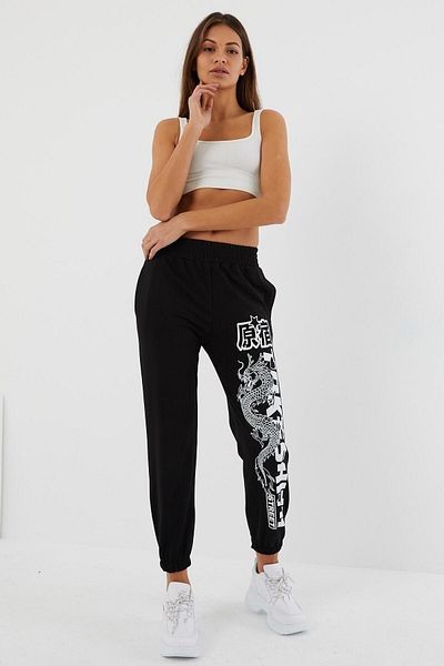 Mythologie Dragon Chinese Sweatpants Jogger - Μαύρο εμπριμέ λαστιχένιο πόδι ψηλόμεσο χειμώνα