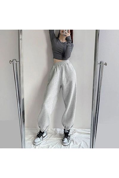 Mythologie Unprinted Basic Straight Sweatpants Jogger - Γκρι λαστιχένιο πόδι ψηλόμεσο χειμώνα