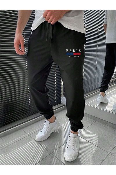 Mythologie Paris Sweatpants Jogger - Μαύρο εμπριμέ λαστιχένιο πόδι ψηλόμεσο χειμώνα