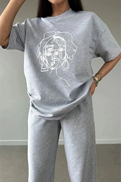 Mythologie Çizgi Yüz  T-shirt Eşofman Altı Jogger - Gri Baskılı Eşofman Takımı Oversize Bisiklet Yaka