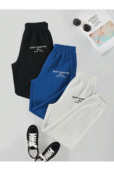 Mythologie 3-pack East Hampton printed Jogger Sweatpants - Μαύρο Sax Μπλε Λευκό Λαστιχένιο πόδι ψηλόμεσο καλοκαίρι