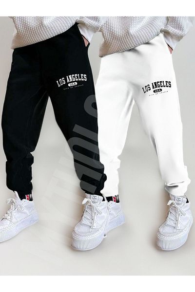 Mythologie 2 Πακέτα Los Angeles USA Sweatpants Jogger - Ασπρόμαυρο εμπριμέ λαστιχένιο πόδι ψηλόμεσο καλοκαίρι