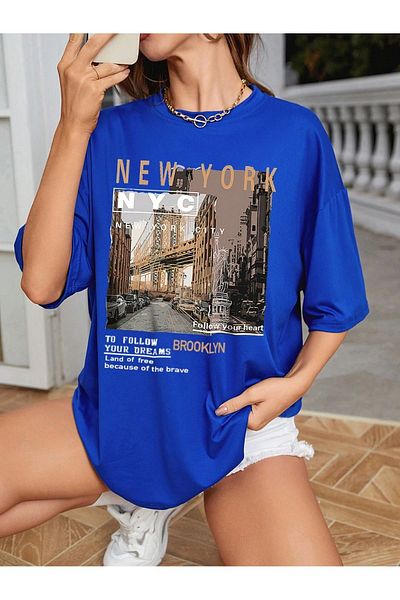 Mythologie New York Follow T-Shirt - Sax Blue Printed Oversize Crew Neck με κοντό μανίκι