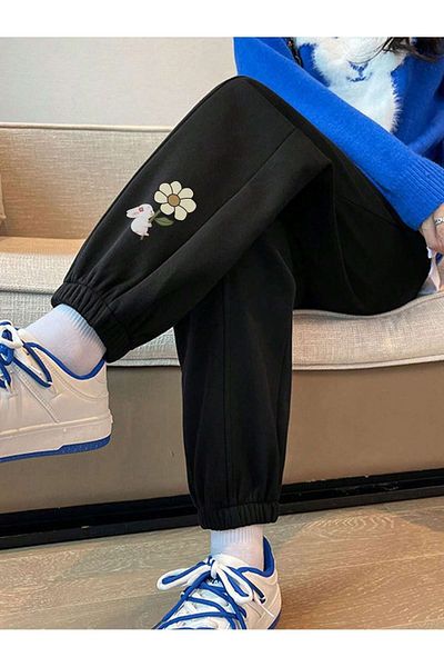 Mythologie Daisy Leg Printed Sweatpants Jogger - Μαύρο λαστιχένιο πόδι ψηλόμεσο χειμώνα