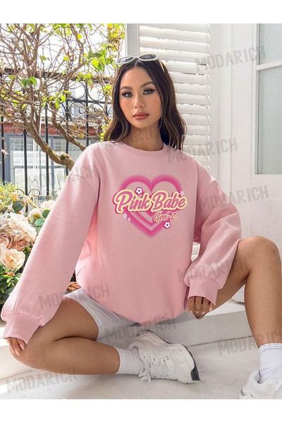 MODARİCH Pink Babe Gen-Z Winter Thick Sweatshirt - Powder Pink printed Oversize Ribbed Crew Neck