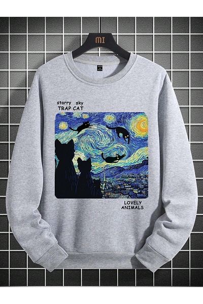 MODARİCH Φούτερ Cat Night Design - Γκρι εμπριμέ Oversize Ribbed Crew Neck