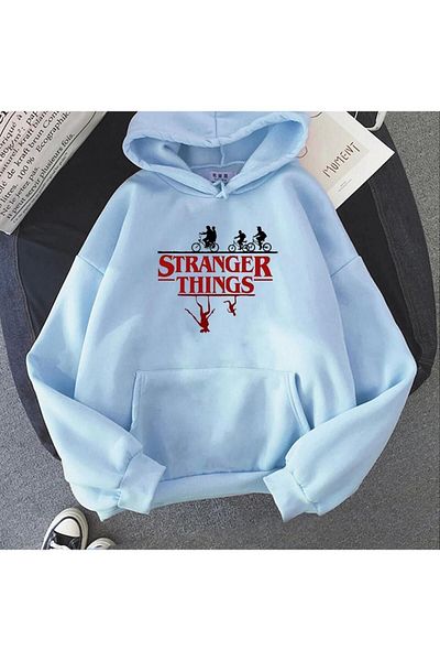MODARİCH Hanorac Stranger Things - Baby Blue Printed Oversize Raster Hooded