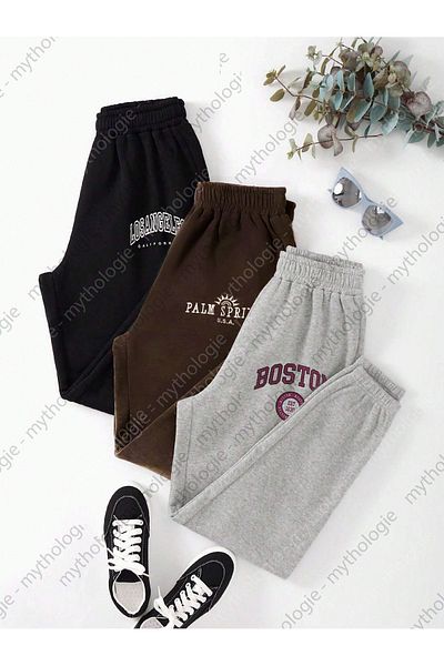 Mythologie 3-pack America Cities Printed Jogger Sweatpants - Μαύρο καφέ γκρι λαστιχένιο πόδι ψηλόμεσο