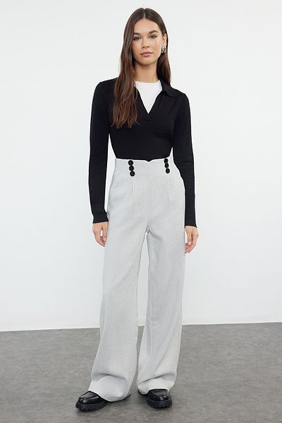 Trendyol Collection Világosszürke gombos részletes széles szárú szőtt nadrág TWOAW21PL0492