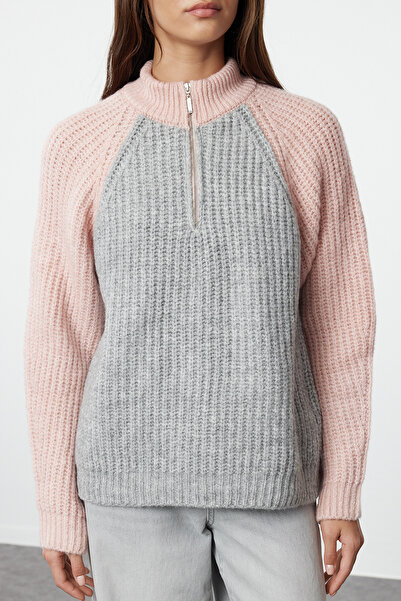 Trendyol Collection Pulover de tricotat cu textura moale, cu fermoar, bloc de culoare roz TWOAW25KZ00179