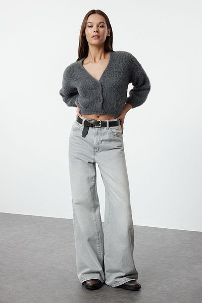 Trendyol Collection Anthracite Rope Knitwear Crop Cardigan - Feather/Beard, Twoaw22Hi0452