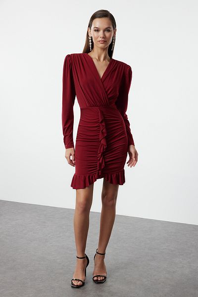 Trendyol Collection Rochie de seara scurta tricotata burgundy cu captuseala si volan TPRAW22EL1909